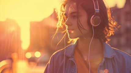 Poster - A teenager listening to music with headphones while walking through a cityscape