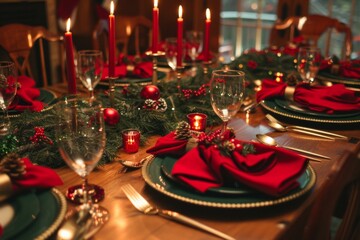 Wall Mural - Elegant Christmas table setting with red and gold accents, featuring candles and festive decorations.