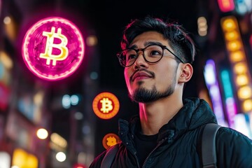 Poster - A hacker investing in cryptocurrency in a cyberpunk city, with neon signs, digital currencies, and holographic charts floating in the air