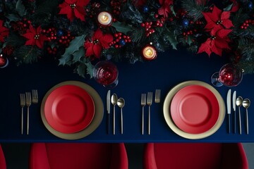 Elegant table setting with a blue tablecloth and vibrant red plates, ready for a festive meal.