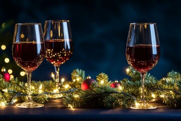 Two glasses of red wine set against a backdrop of warm, glowing Christmas lights creating a festive ambiance.