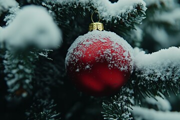 A vibrant red ball ornament hanging from a snow-covered tree branch in a serene winter landscape.