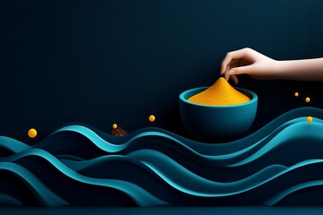 Poster - A minimalist design of a person pounding spices in a mortar, represented with soft, abstract shapes and flowing lines