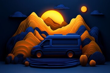 Poster - A minimalist design of a van hitting the road, with soft, flowing shapes capturing the movement and adventure of a road trip