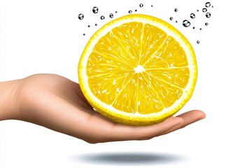 Fototapete - A minimalist illustration of a hand squeezing a lemon, with simple, clean lines and juice droplets forming a soft arc