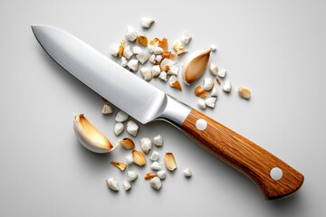 Fototapete - A minimalist illustration of a knife chopping small pieces of garlic, symbolizing the act of mincing with simple, clean lines