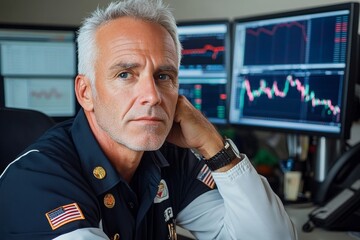 Aufkleber - A stock trader in a busy office, closely monitoring multiple computer screens displaying real-time stock market data