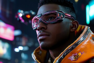 Aufkleber - A cyberpunk character taking a deep breath of fresh air in a neon-lit city, standing on a rooftop with glowing billboards and flying vehicles in the background