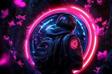 Poster - A futuristic hiker taking a hike through a digital landscape, with neon-lit pathways and holographic signs guiding their way through a virtual world