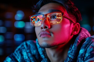Poster - A futuristic investor analyzing holographic stock charts, with glowing graphs and financial data floating in a sleek, high-tech office