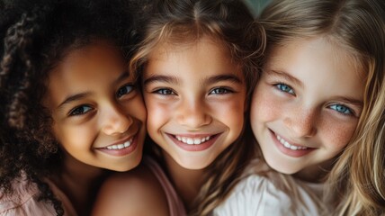 three young girls of different ethnicities smiling closely together