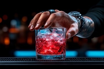 Aufkleber - A hyper-realistic image of a bartender stirring a cocktail, with the ice, liquid, and reflections of light on the glass perfectly detailed