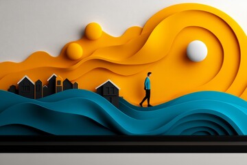 Poster - A minimalist depiction of a person investing in real estate, with clean lines and abstract forms representing houses and upward market trends
