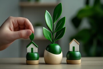 Poster - A minimalist depiction of a person investing in real estate, with clean lines and abstract forms representing houses and upward market trends