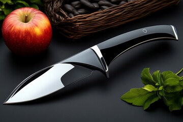 Aufkleber - A minimalist design of a knife slicing through an apple, represented with gentle curves and a focus on the clean, simple act of slicing
