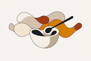 Aufkleber - A minimalist design of a person pounding spices in a mortar, represented with soft, abstract shapes and flowing lines
