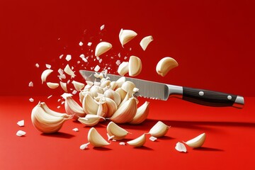 Fototapete - A minimalist illustration of a knife chopping small pieces of garlic, symbolizing the act of mincing with simple, clean lines