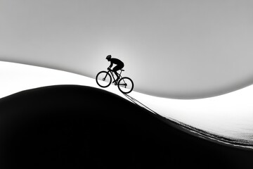 Poster - A minimalist line drawing of a person biking along a country road, with simple curves representing their journey