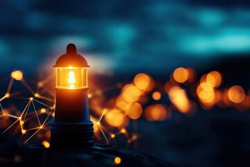 A glowing lantern illuminating a dark environment with bokeh lights in the background.