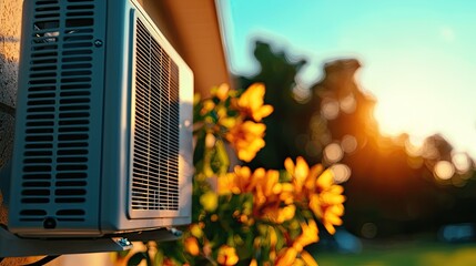 Air conditioning unit beside sunlit flowers, relaxing summer evening ambiance.