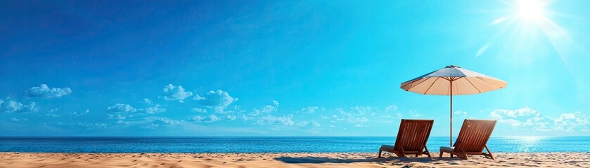 Wall Mural - beach scene with sun loungers and an umbrella under a bright blue sky.