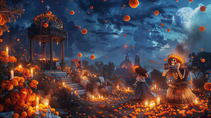 Wall Mural - A surreal, dream-like scene of Dia de los Muertos celebration, spirits represented as glowing figures in traditional attire, a night sky with floating marigolds and candles, mystical and ethereal ligh