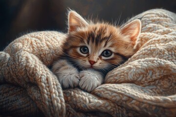 Wall Mural - A cozy kitten snuggles on a soft knitted cushion, basking in warm natural light with gentle shadows