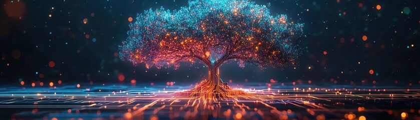 a vibrant digital tree grows from a glowing circuit board, blending nature and technology