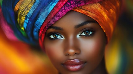 Closeup of woman with rainbow fabric headwrap, colorful tones