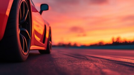 Poster - Close-Up of Car Tire on Asphalt at Sunset