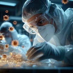 Medical researcher in protective suit examines virus particles in a sterile lab, ideal for healthcare, scientific, and medical industry visuals, healthcare medical science lab commercial.