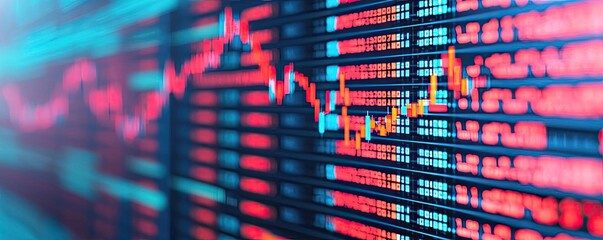 Stock market data with fluctuating graphs and digital display in vibrant colors.