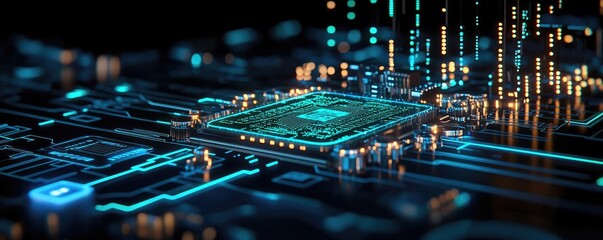 Poster - close-up of a microprocessor with glowing circuits against a dark background.