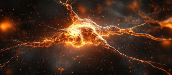 Poster - Abstract glowing neuron with bright, orange light.