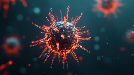 Poster - A detailed illustration of a virus particle showcasing spikes and vibrant colors against a blurred, dark background.