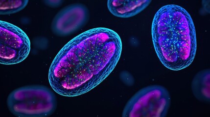 Poster - A vibrant digital rendering of elongated, oval-shaped microorganisms displaying vivid colors against a dark backdrop.