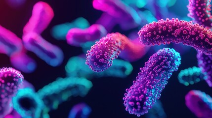 Poster - A vibrant, close-up view of colorful bacteria, showcasing intricate details and structures against a dark background.