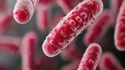 Poster - A magnified view of red bacteria showcasing their distinct shapes and textured surfaces, emphasizing their microscopic nature.