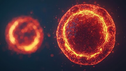 Poster - A glowing, abstract representation of cells or particles, featuring vibrant orange and red colors against a dark background.