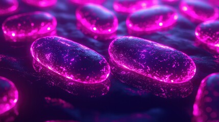 Poster - A vibrant, close-up view of glowing, purple, capsule-like structures against a dark background, highlighting intricate textures and luminescence.