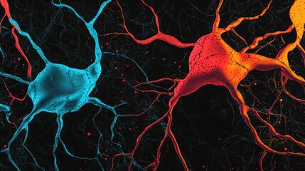 Poster - A colorful visualization of neurons, showcasing their intricate connections in vibrant blue and orange hues against a dark background.
