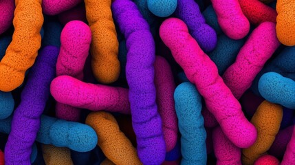 Poster - Colorful clusters of bacteria depicted in vibrant hues, showcasing microbiological diversity and structure under microscopic view.
