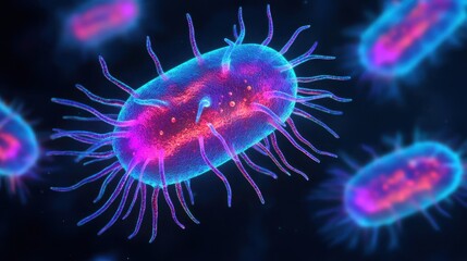 Poster - Colorful, digitally-rendered bacteria with glowing features, showcasing a microscopic view of microbial life in vibrant hues.