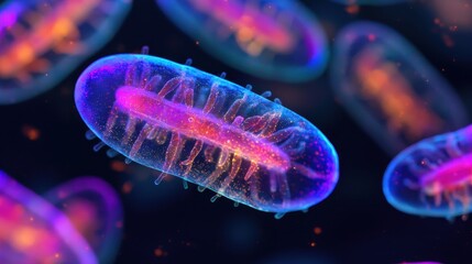 Poster - The image showcases vibrant, colorful microorganisms, displaying their intricate structures and glowing hues, set against a dark background.