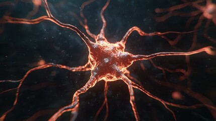 Poster - A close-up view of a neuron illustrating its intricate connections and glowing structure against a dark background, symbolizing neural activity.