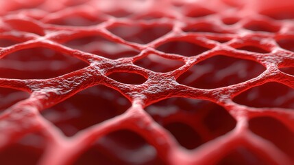 Poster - A close-up view of a textured, red surface resembling a complex web or network structure, showcasing intricate patterns and depth.