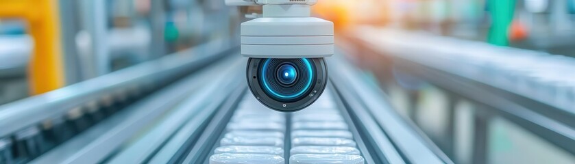 Close-up of a security camera observing a production line in an industrial setting.