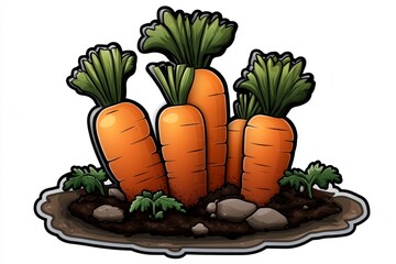 a 2d cartoon illustration of a patch of carrots growing in the soil fresh and vibrant white backgrou