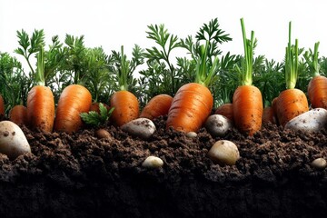 a 2d cartoon illustration of a patch of carrots growing in the soil fresh and vibrant white backgrou