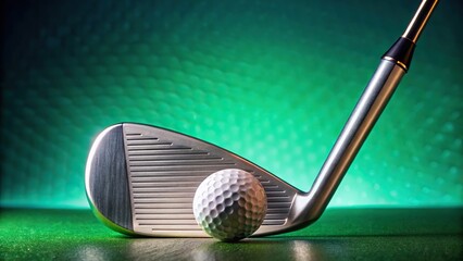 Golf club iron with ball on blue tee on green background with copy space